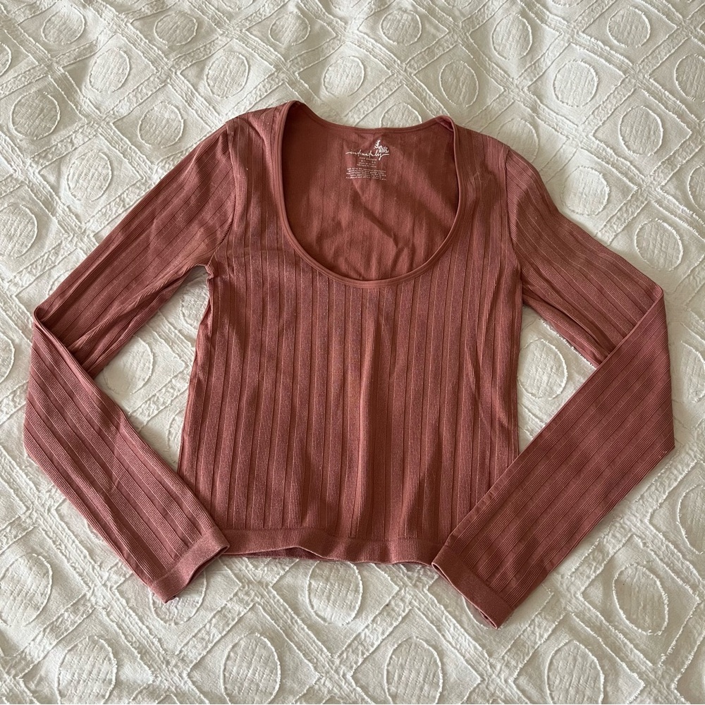 Free People Pink Ribbed Long Sleeve Top Sz XS/S